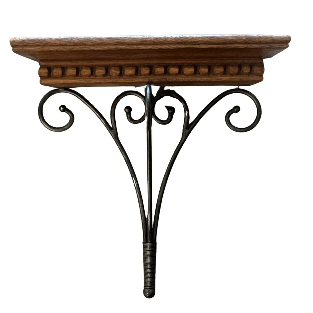 Wood and Wrought Iron Handmade Wall Shelf Bracket in Brown and Black